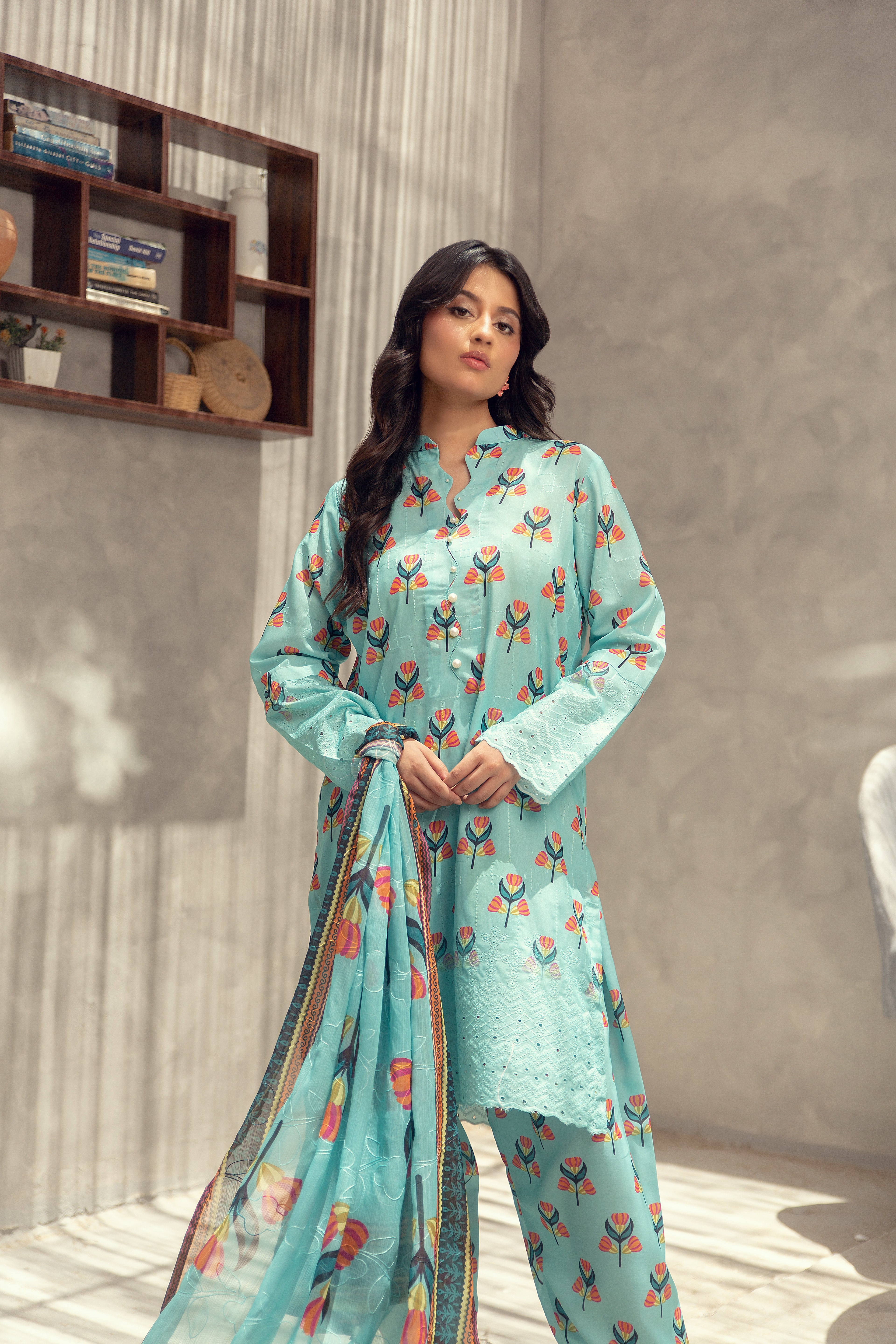 Aqua Floral Embroidered - 3 Piece Suit